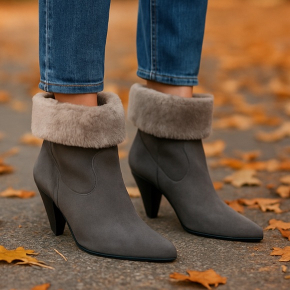 Sigerson Morrison 9.5 Suede Western Ankle Boot Shearling Fur Cone Heel Gray - Picture 2 of 10